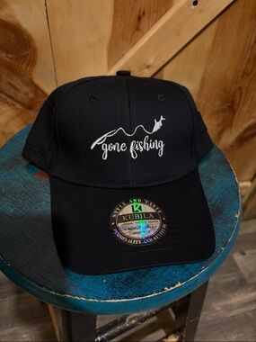 Black Cap with White 'Gone Fishing' Embroidery